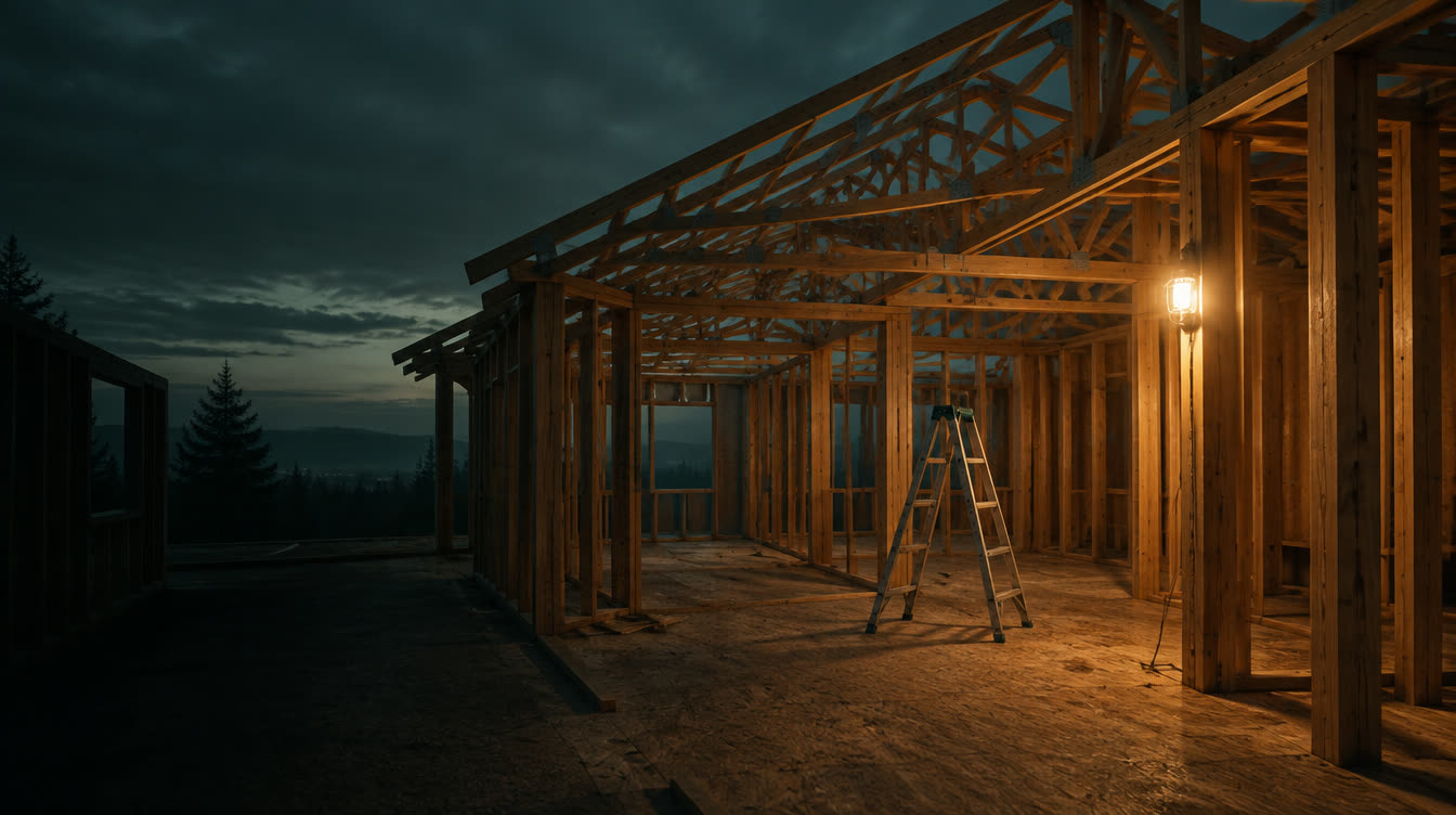 Fresh timber framing under a work light at dusk
