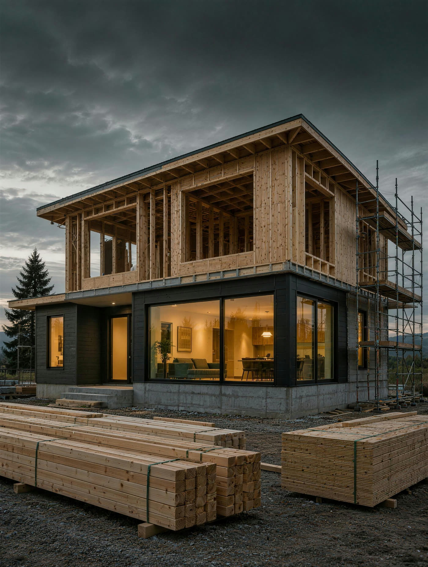 A house being framed at dusk, lights on downstairs
