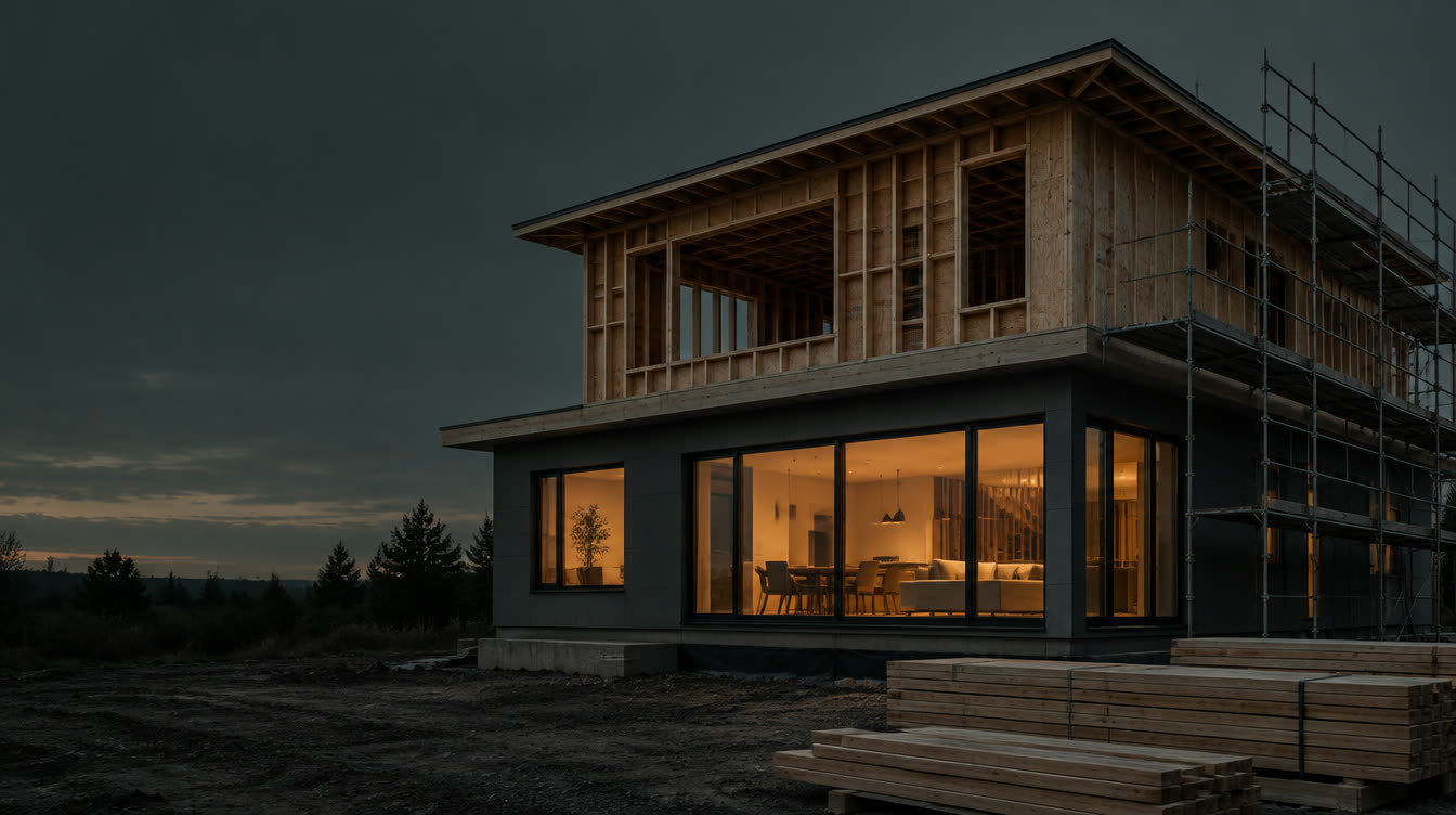 A house being framed at dusk, lights on downstairs
